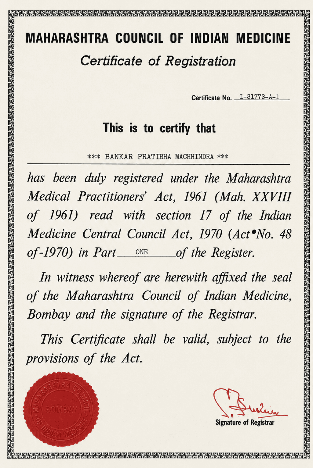 Medical Practitioner Registration Certificate